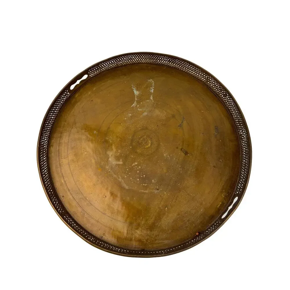 VINTAGE MCM Brass Round Serving Tea Tray Platter Decorative Vanity Tray LARGE